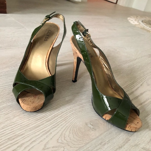 Guess by Marciano Green Leather High Heel Slingback Cork Heels - Picture 5 of 16